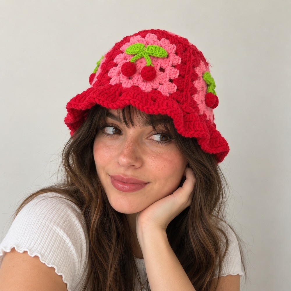 Womens Crochet Cherry Granny Square Bucket Hat Size OS Cottagecore Handmade